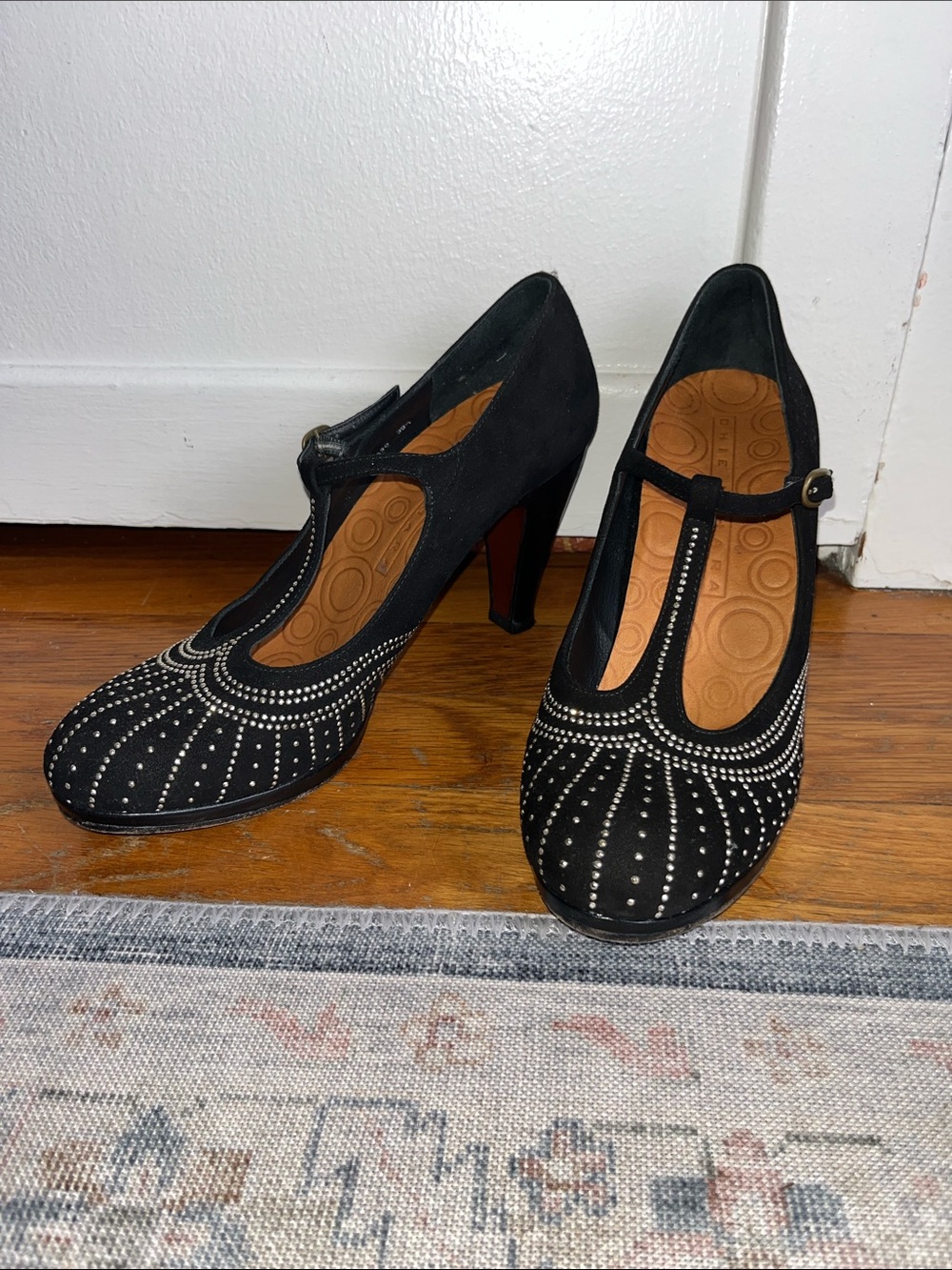 Chie Mihara Black Suede T-Strap Studded Heels